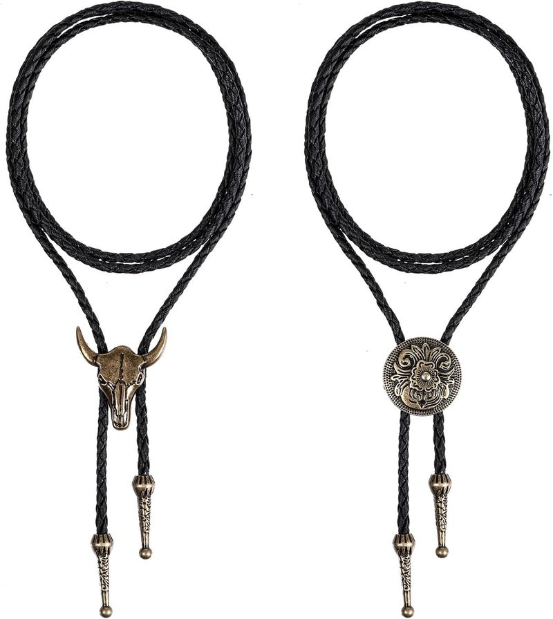 ElevateTech 2 Pcs Bolo Tie for Men, Western Cowboy Tie Necklace Handmade Leather Necktie Retro Style Bolo Ties for Women - Image 1